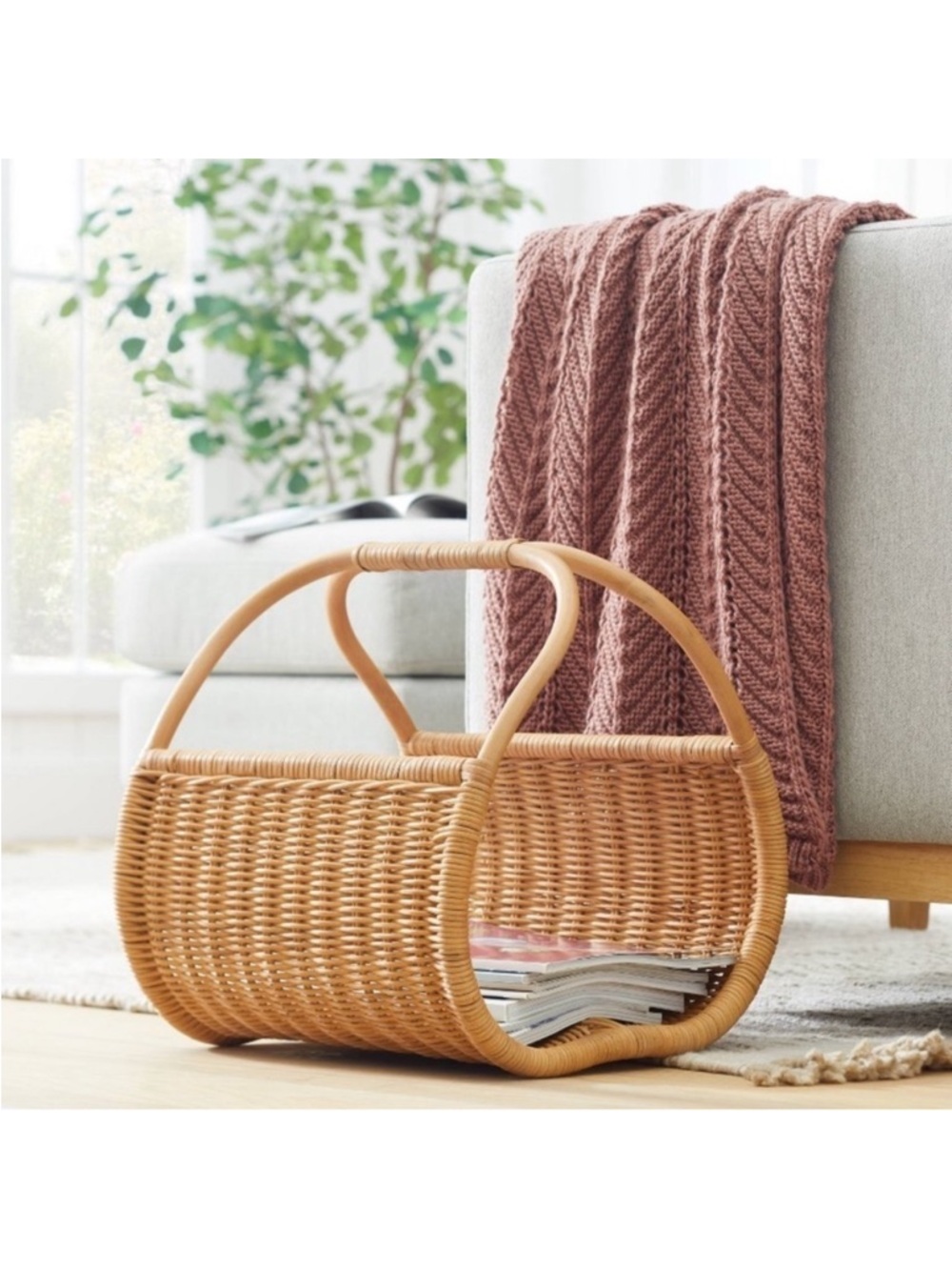 Studio McGee Woven Rattan Magazine Basket in Natural Tan